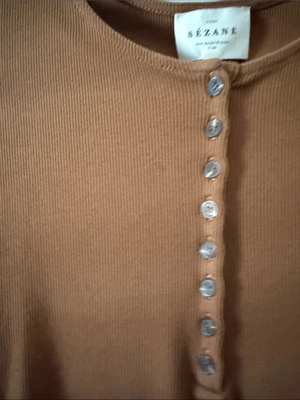 Sezane Cocoa Brown Ribbed Henley Tee - Picture 3 of 3